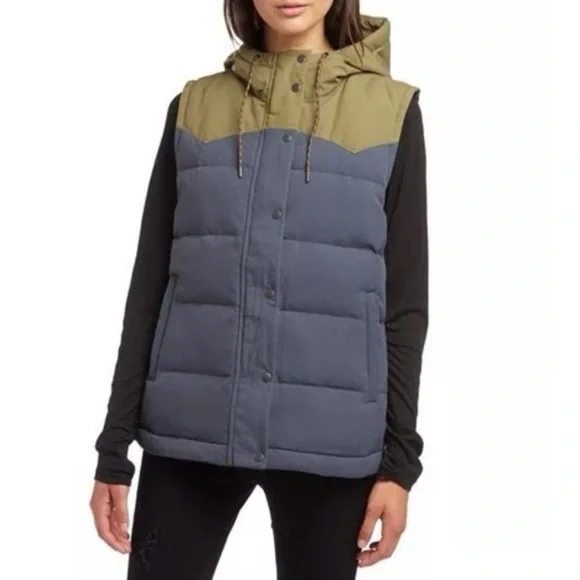 Patagonia Down Fill Puffer Hooded Bivy Vest In Navy Green Women’s M - Picture 2 of 11